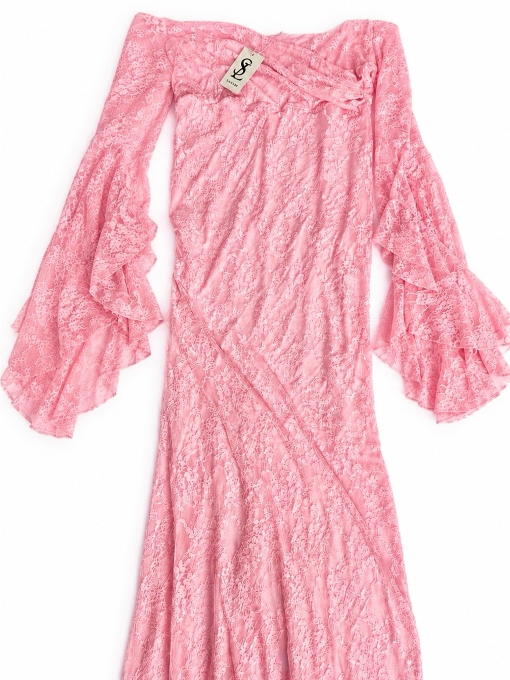 Saslax Pink Lace Maxi Dress Off Shoulder Floral Bell Sleeve Lined - Size Large